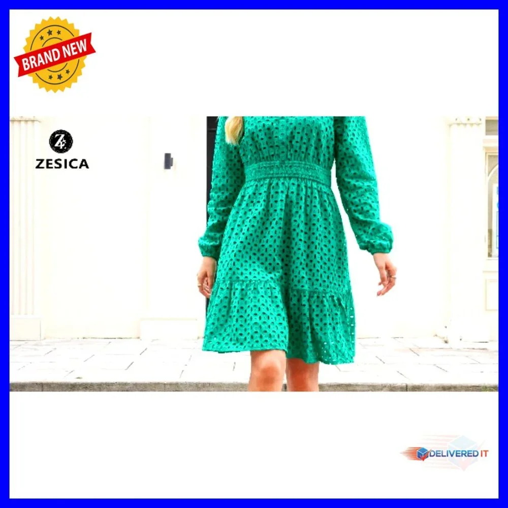 Long Sleeve Mini Dress V Neck Hollow Out Eyelet Embroidery Ruffle Swing Chic - Picture 7 of 7